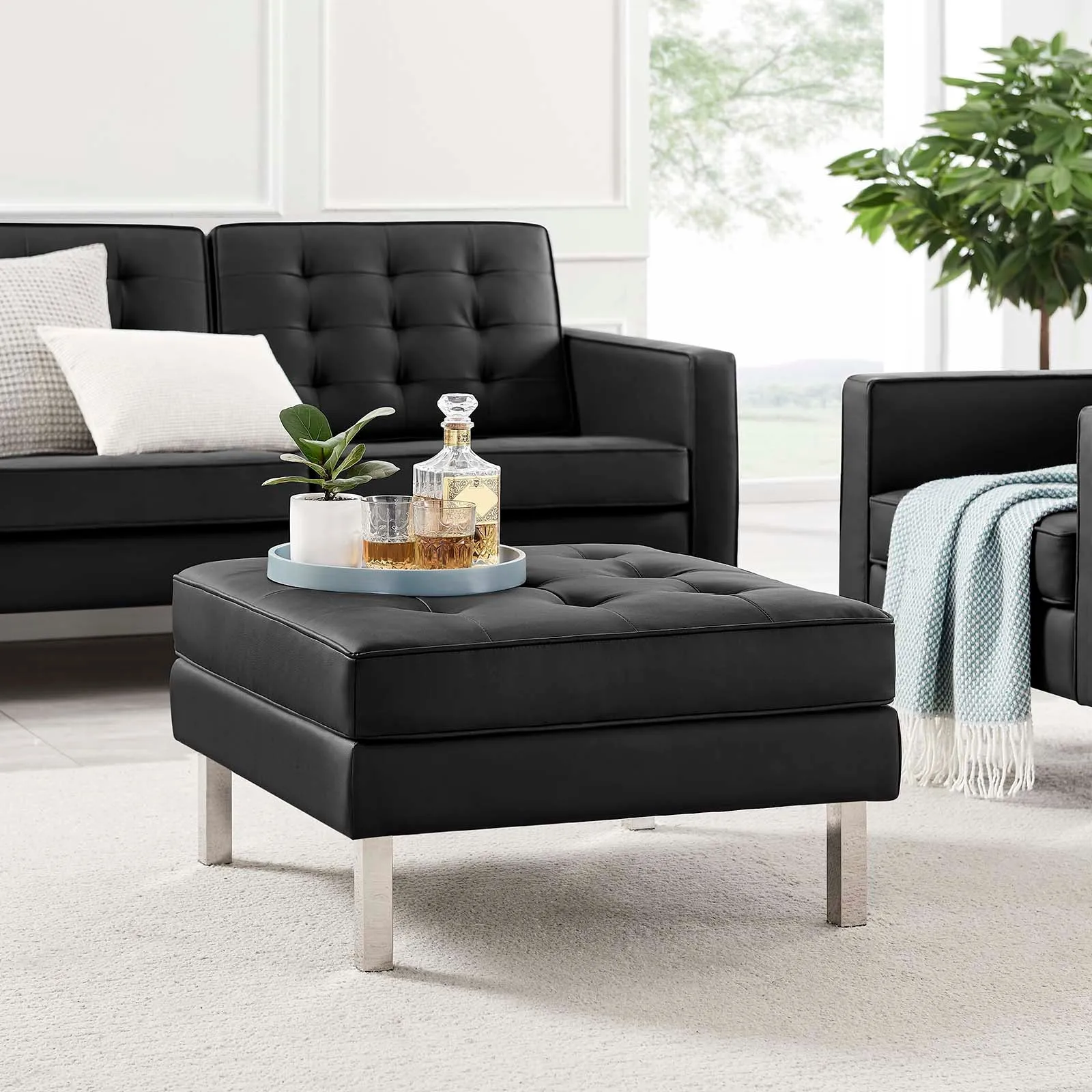 Loft Tufted Vegan Leather Ottoman Silver Black EEI-3394-SLV-BLK