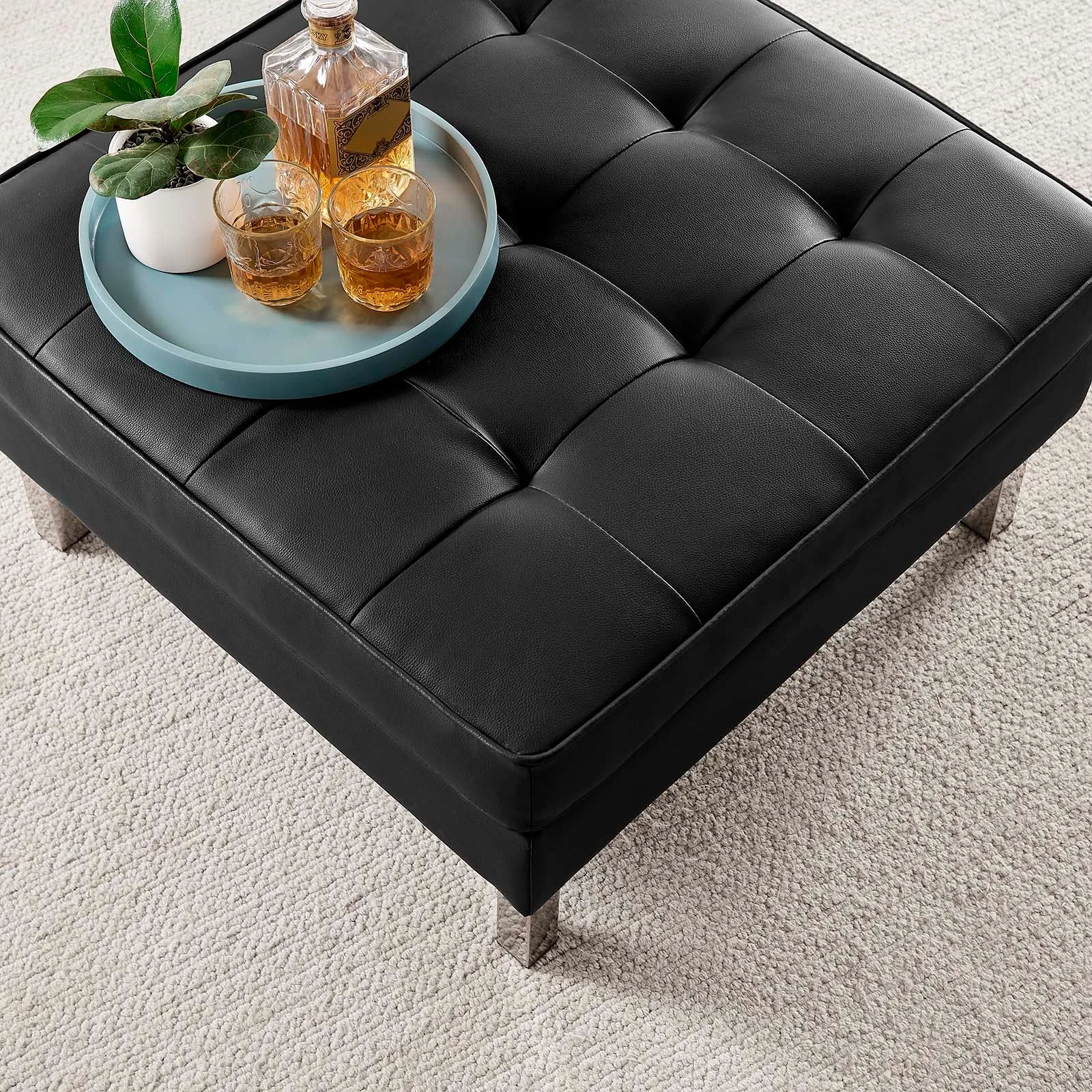 Loft Tufted Vegan Leather Ottoman Silver Black EEI-3394-SLV-BLK