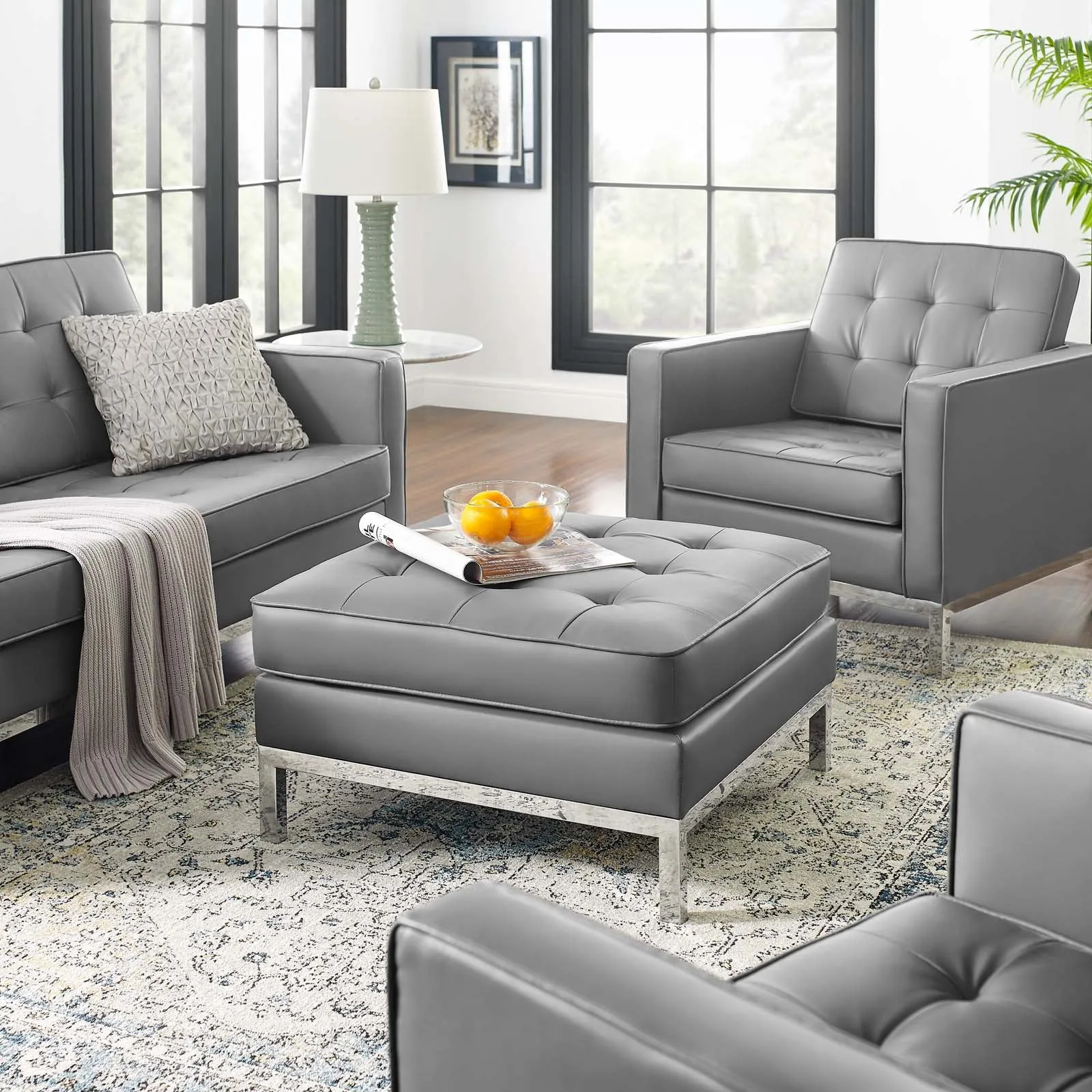 Loft Tufted Vegan Leather Ottoman Silver Gray EEI-3394-SLV-GRY