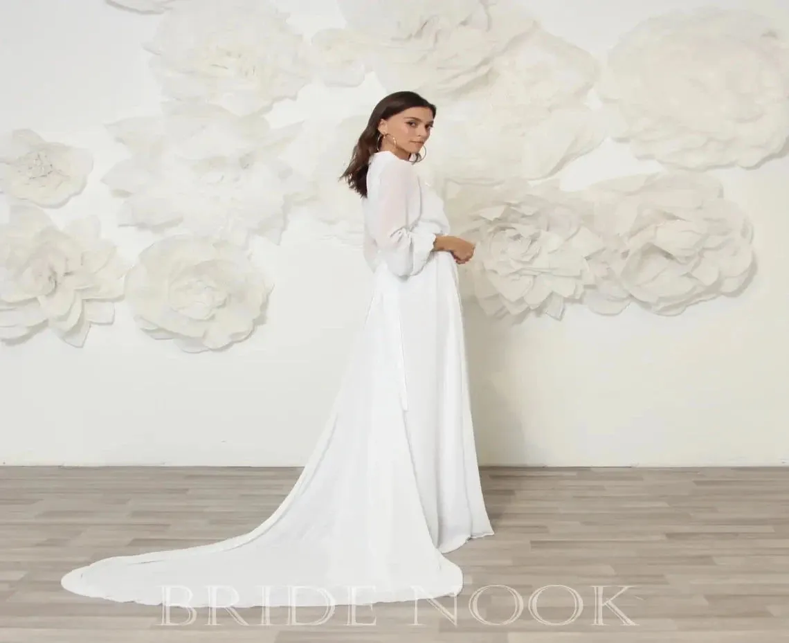 Long Sleeves Chiffon Bohemian Wedding Dress With Slit