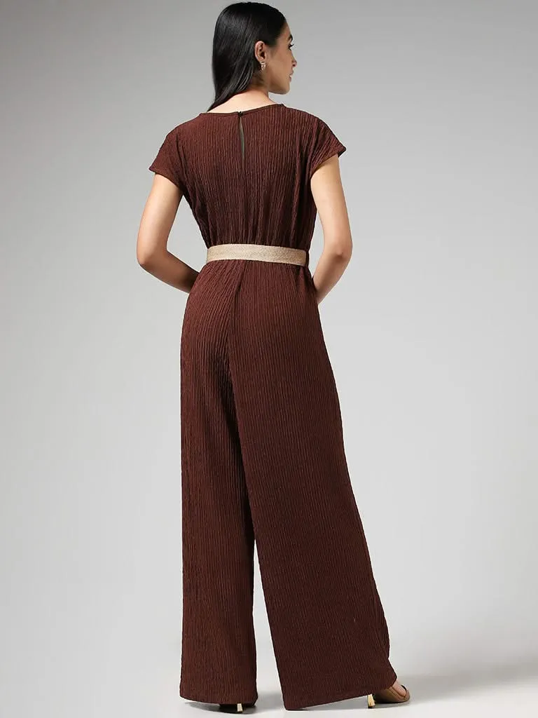 LOV Chocolate Brown Surplice Neck Crepe Jumpsuit