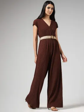 LOV Chocolate Brown Surplice Neck Crepe Jumpsuit