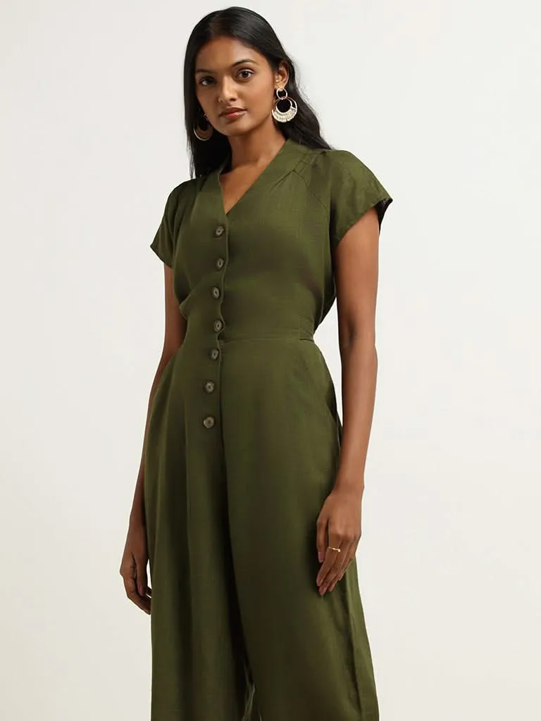 LOV Green Solid Blended Linen Jumpsuit