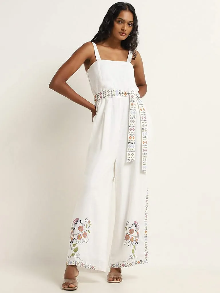 LOV White Floral Cotton Jumpsuit with Belt