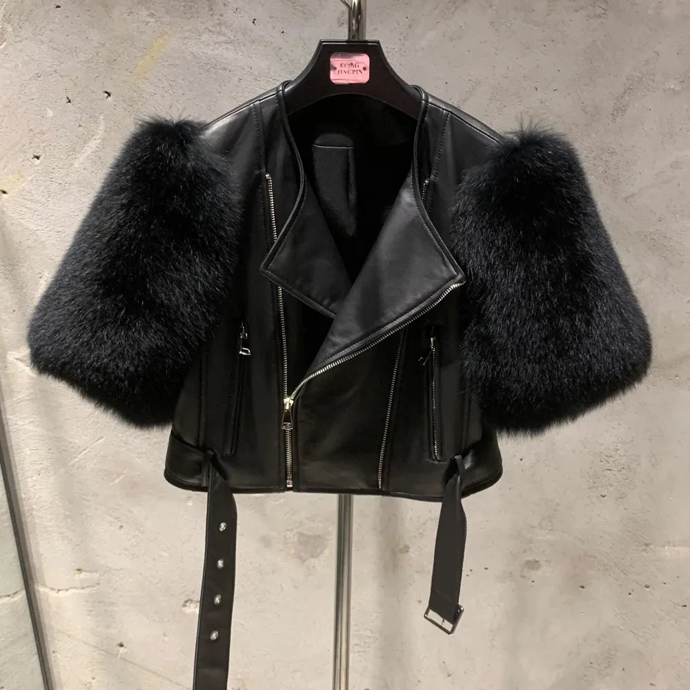 Luxe Leather Jacket - Fox Fur Sleeve