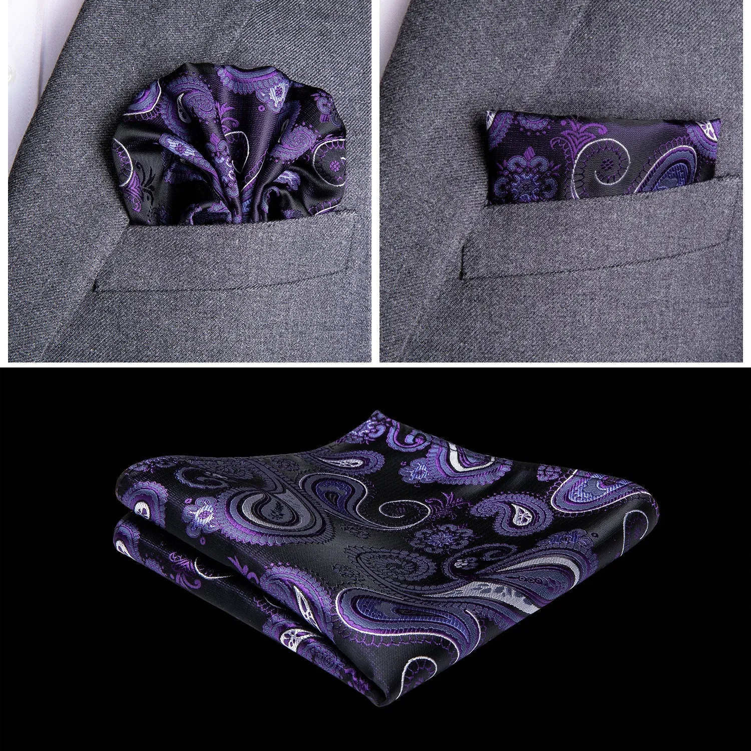 Luxury Black Purple Paisley Jacquard Silk Men's Vest Hanky Cufflinks Tie Set Waistcoat Suit Set