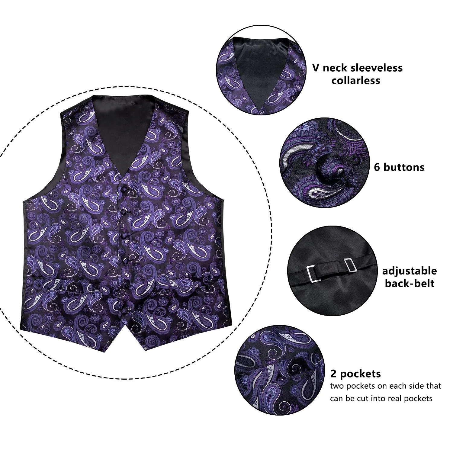 Luxury Black Purple Paisley Jacquard Silk Men's Vest Hanky Cufflinks Tie Set Waistcoat Suit Set