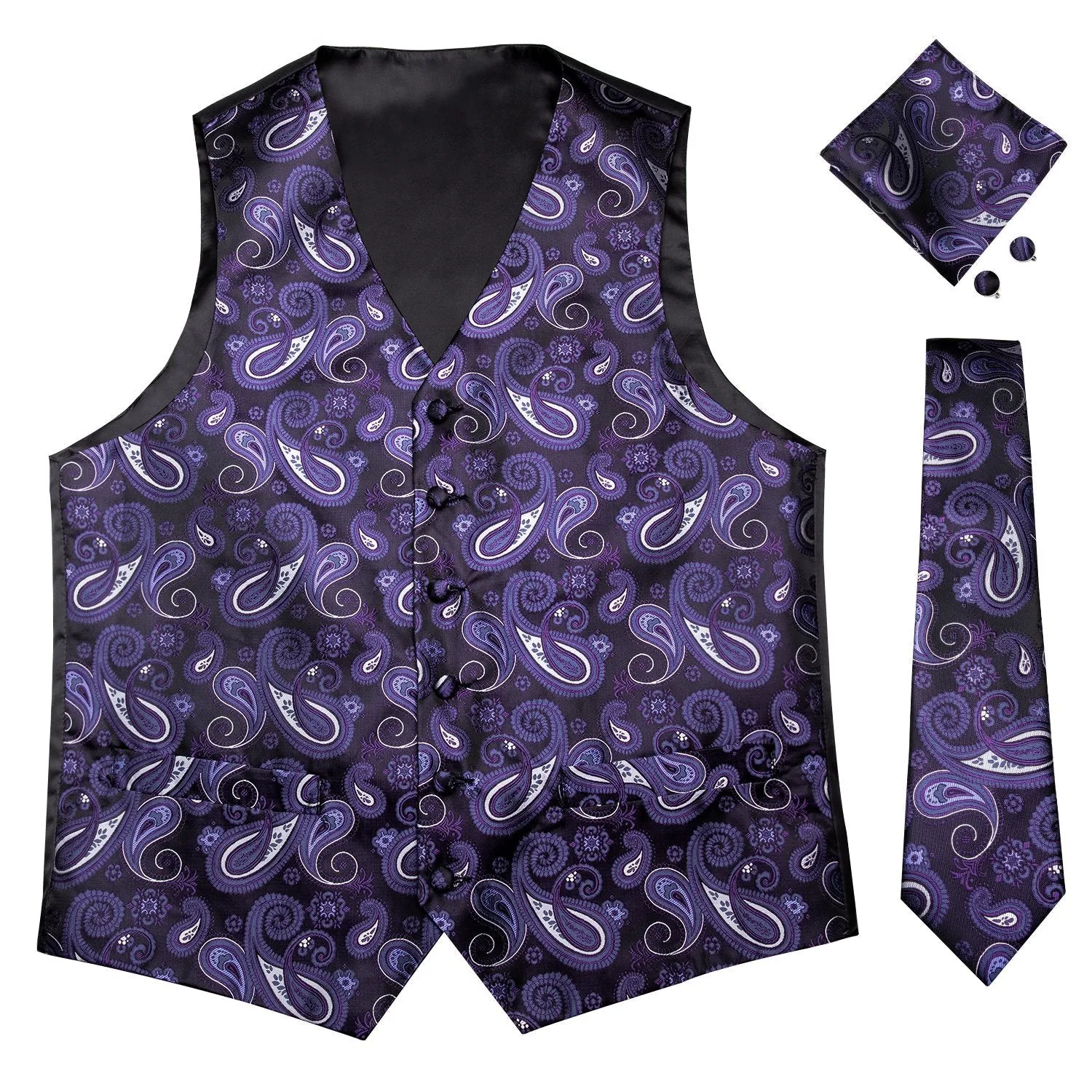 Luxury Black Purple Paisley Jacquard Silk Men's Vest Hanky Cufflinks Tie Set Waistcoat Suit Set