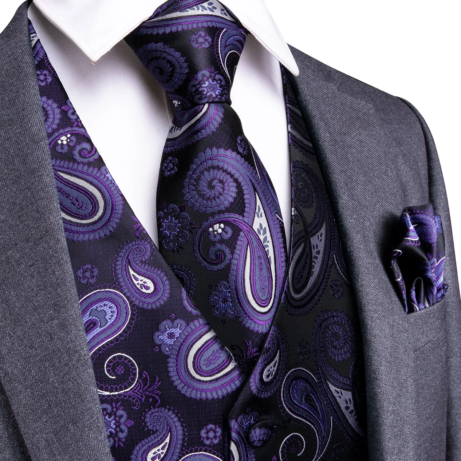 Luxury Black Purple Paisley Jacquard Silk Men's Vest Hanky Cufflinks Tie Set Waistcoat Suit Set