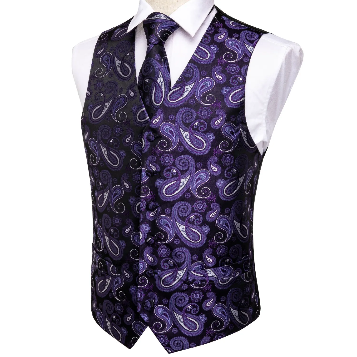 Luxury Black Purple Paisley Jacquard Silk Men's Vest Hanky Cufflinks Tie Set Waistcoat Suit Set