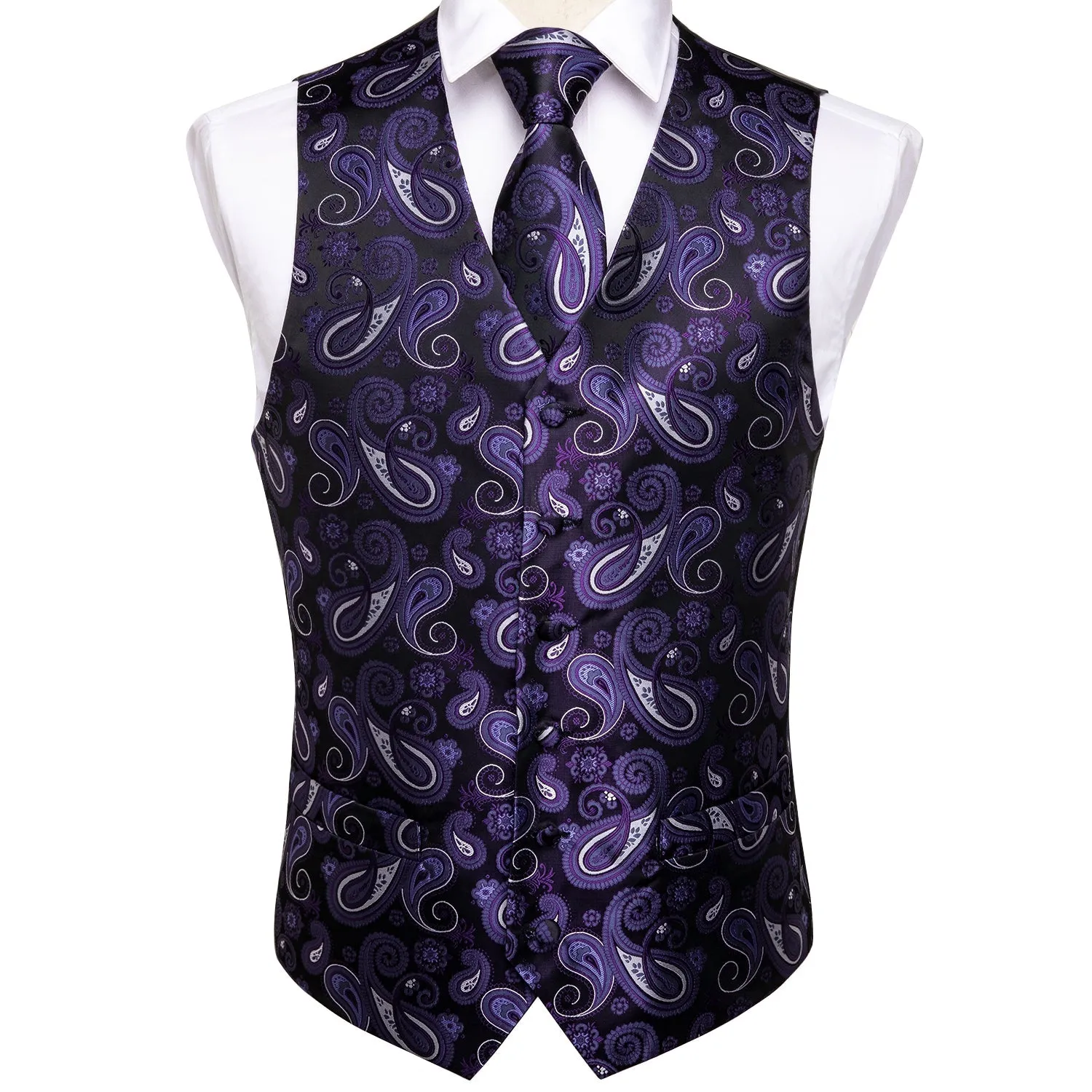 Luxury Black Purple Paisley Jacquard Silk Men's Vest Hanky Cufflinks Tie Set Waistcoat Suit Set