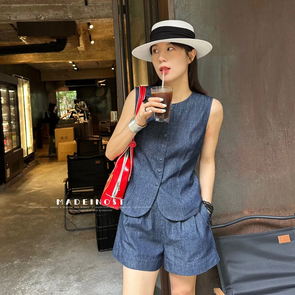 Madeinost Summer Minimalist Blogger Style Pure Wash Denim Vest Elastic Waist Shorts Two-Piece Suit