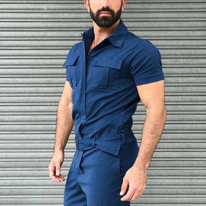 Male's Clothing T-shirt Men's Work Suit Men Clothes Shirts 2023 Jumpsuit Casual Belt Jumpsuits