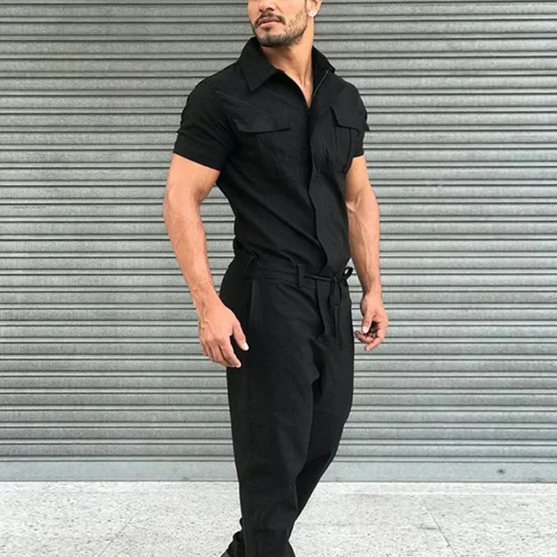 Male's Clothing T-shirt Men's Work Suit Men Clothes Shirts 2023 Jumpsuit Casual Belt Jumpsuits