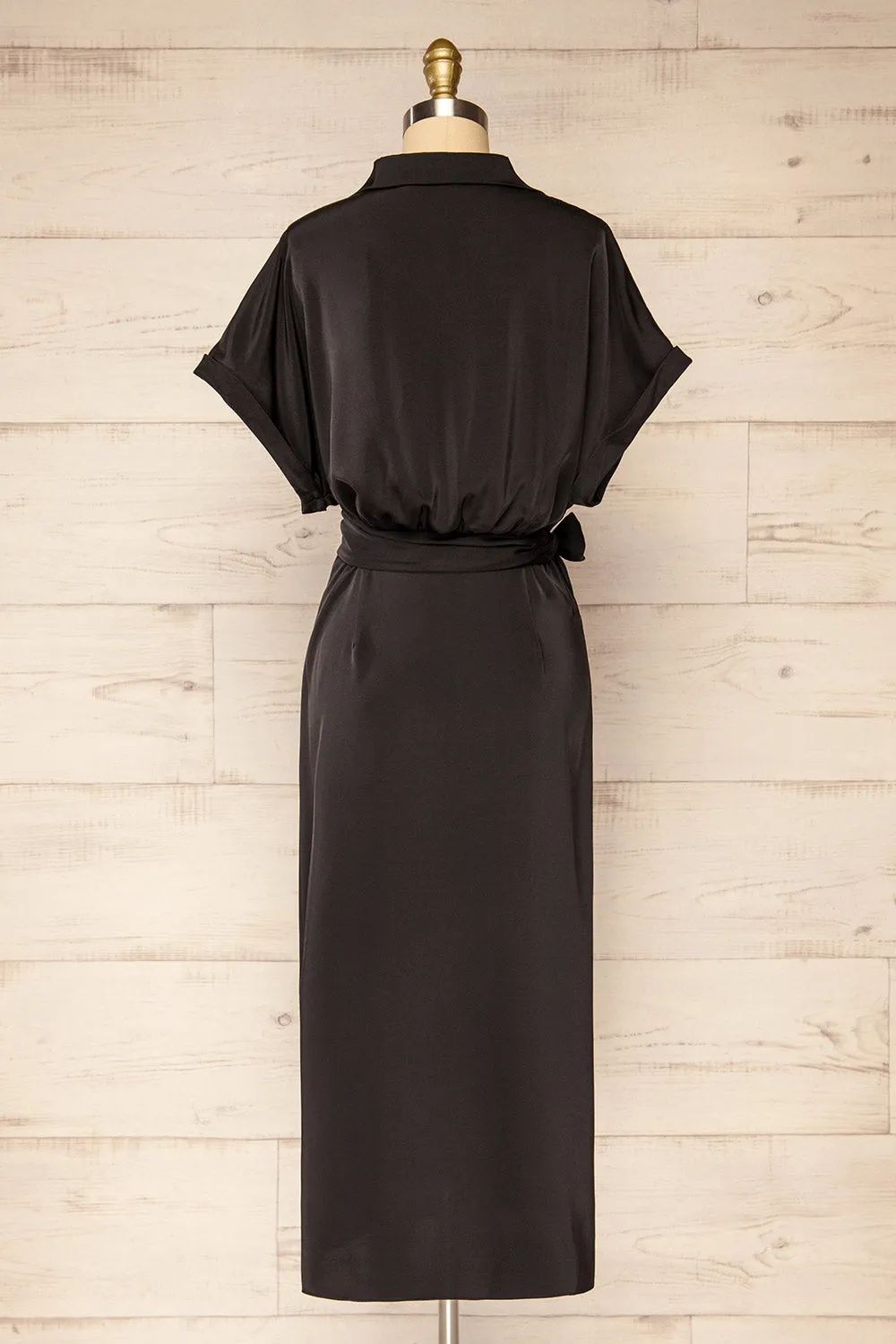 Maracay | Short Sleeve Black Satin Wrap Midi Dress