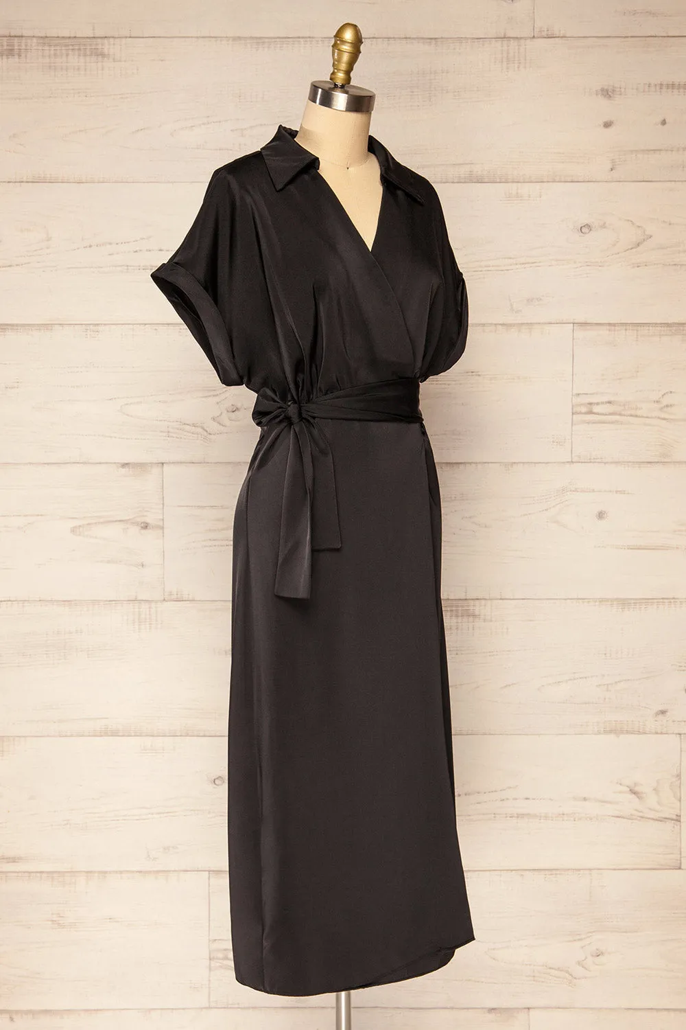 Maracay | Short Sleeve Black Satin Wrap Midi Dress