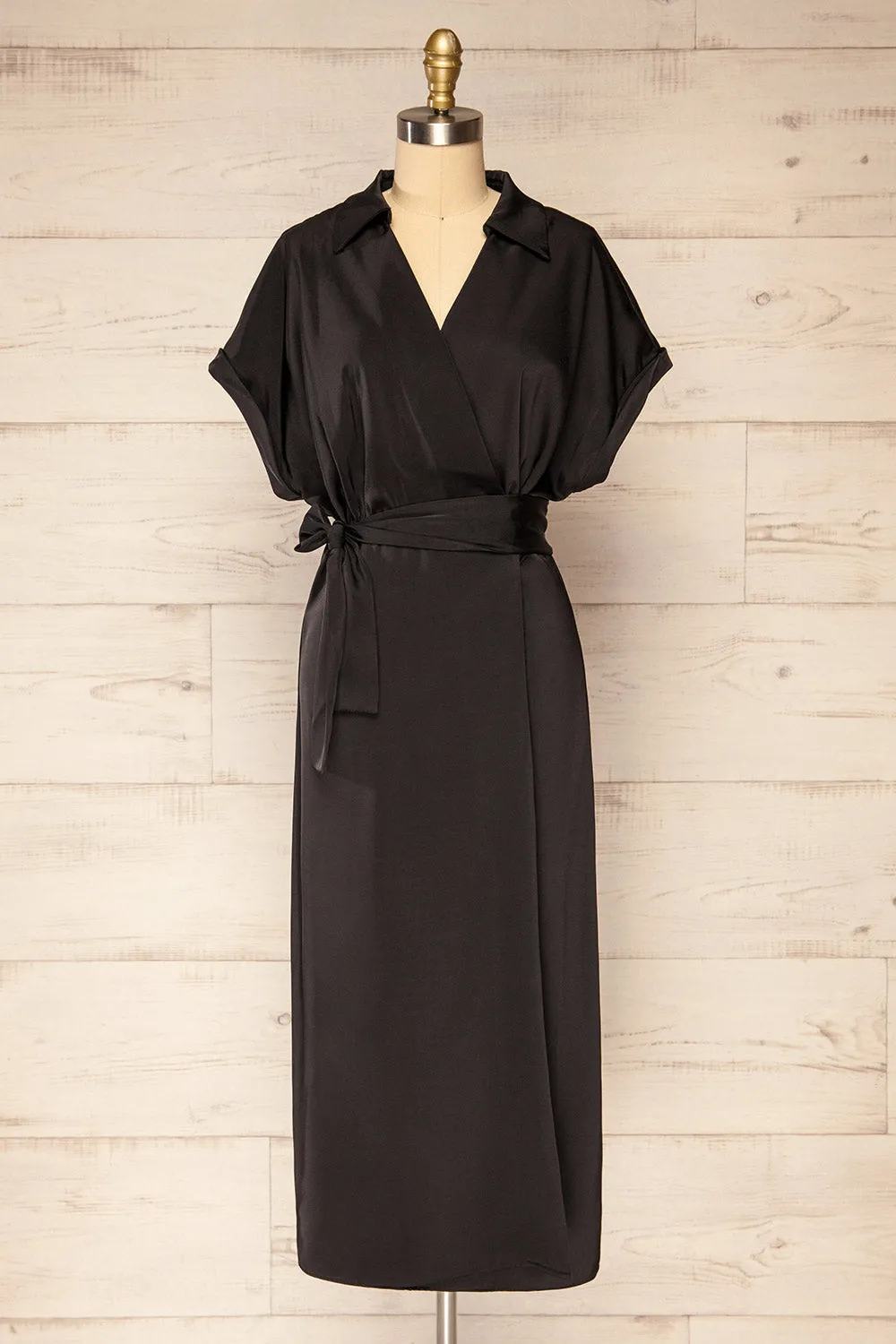 Maracay | Short Sleeve Black Satin Wrap Midi Dress