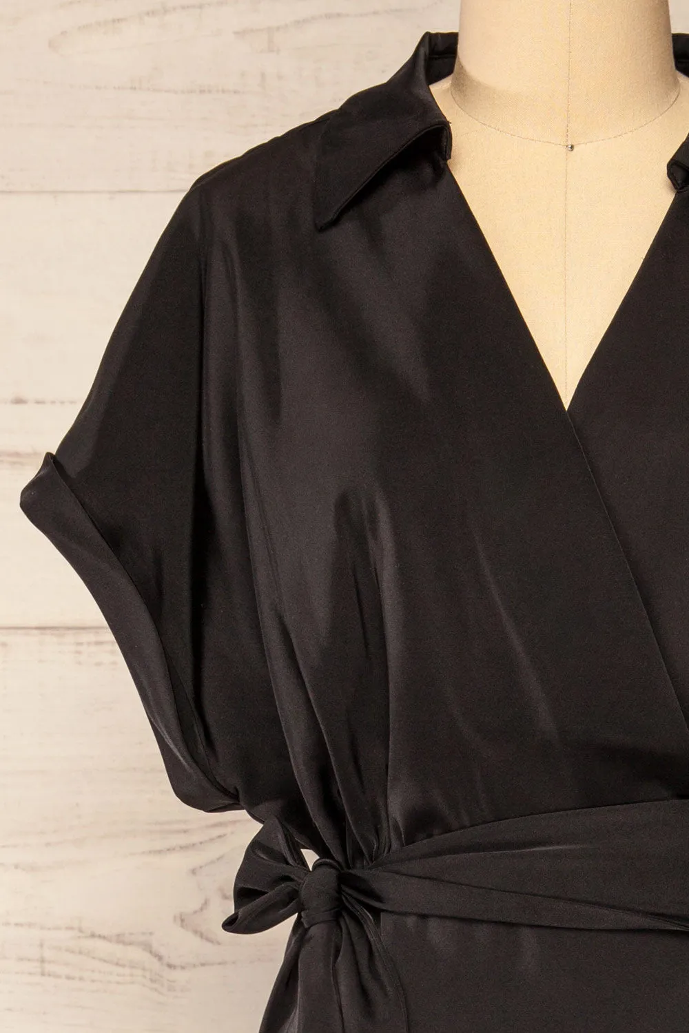 Maracay | Short Sleeve Black Satin Wrap Midi Dress