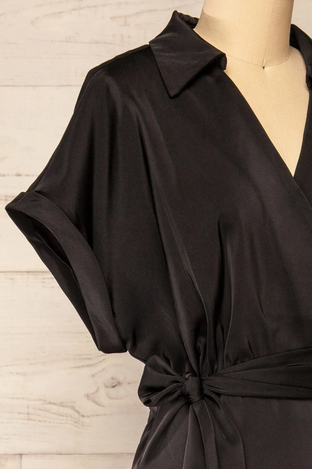 Maracay | Short Sleeve Black Satin Wrap Midi Dress