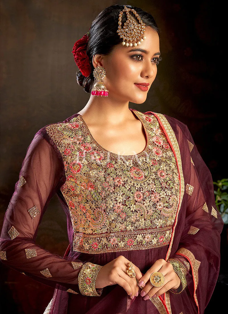 Maroon Multi Embroidered Wedding Anarkali Suit