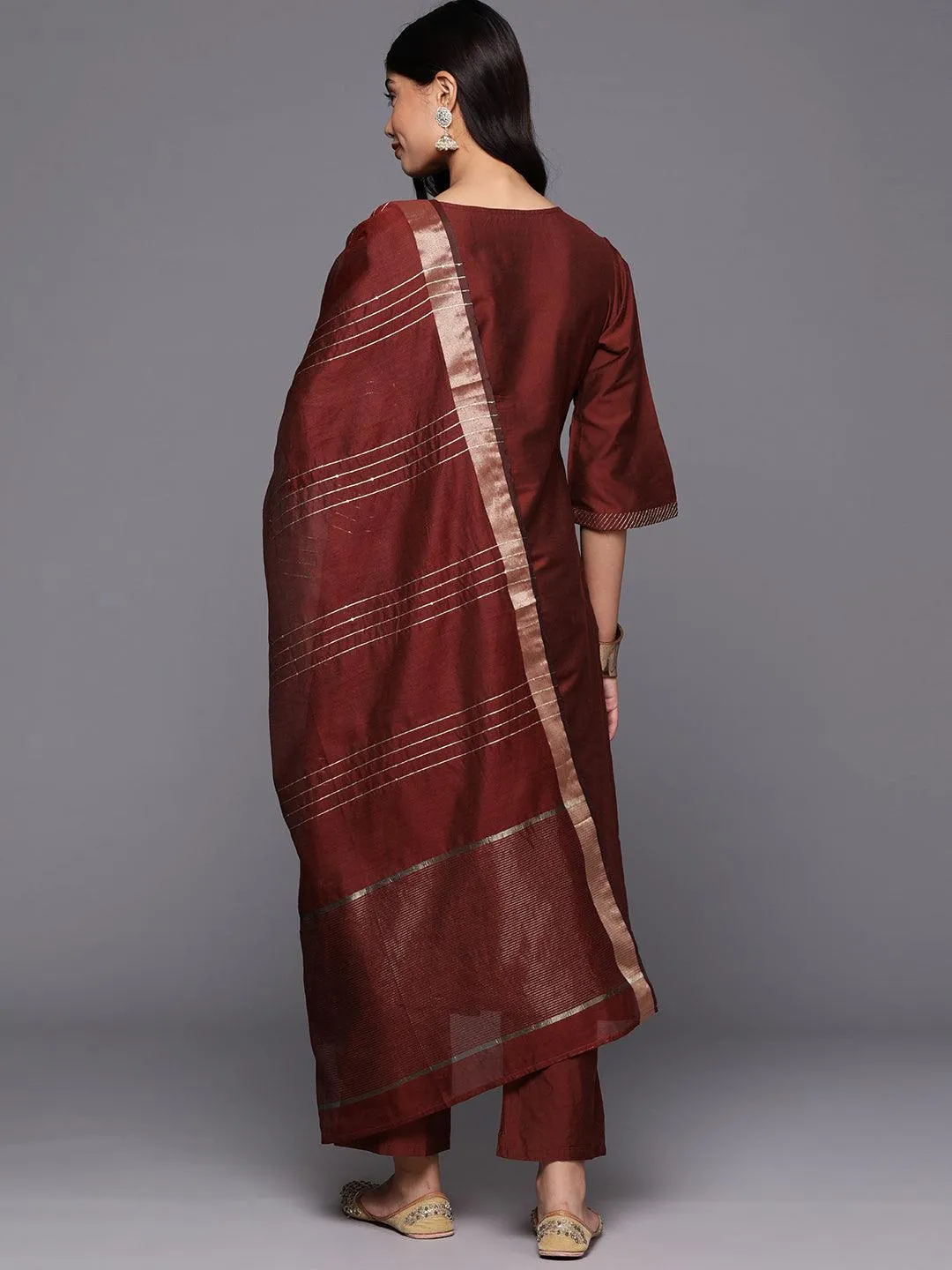 Maroon Solid Silk Blend Straight Suit With Dupatta