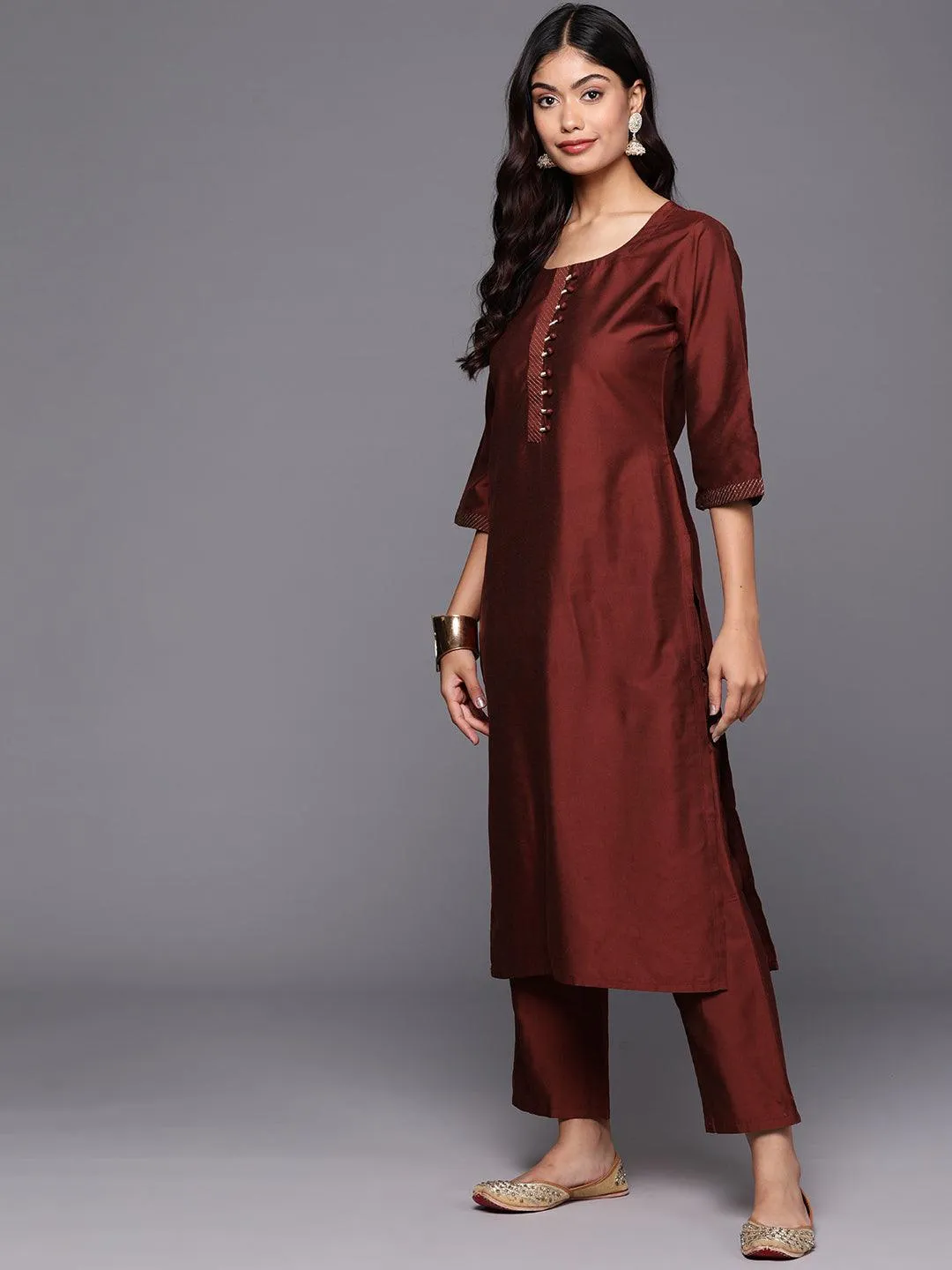 Maroon Solid Silk Blend Straight Suit With Dupatta