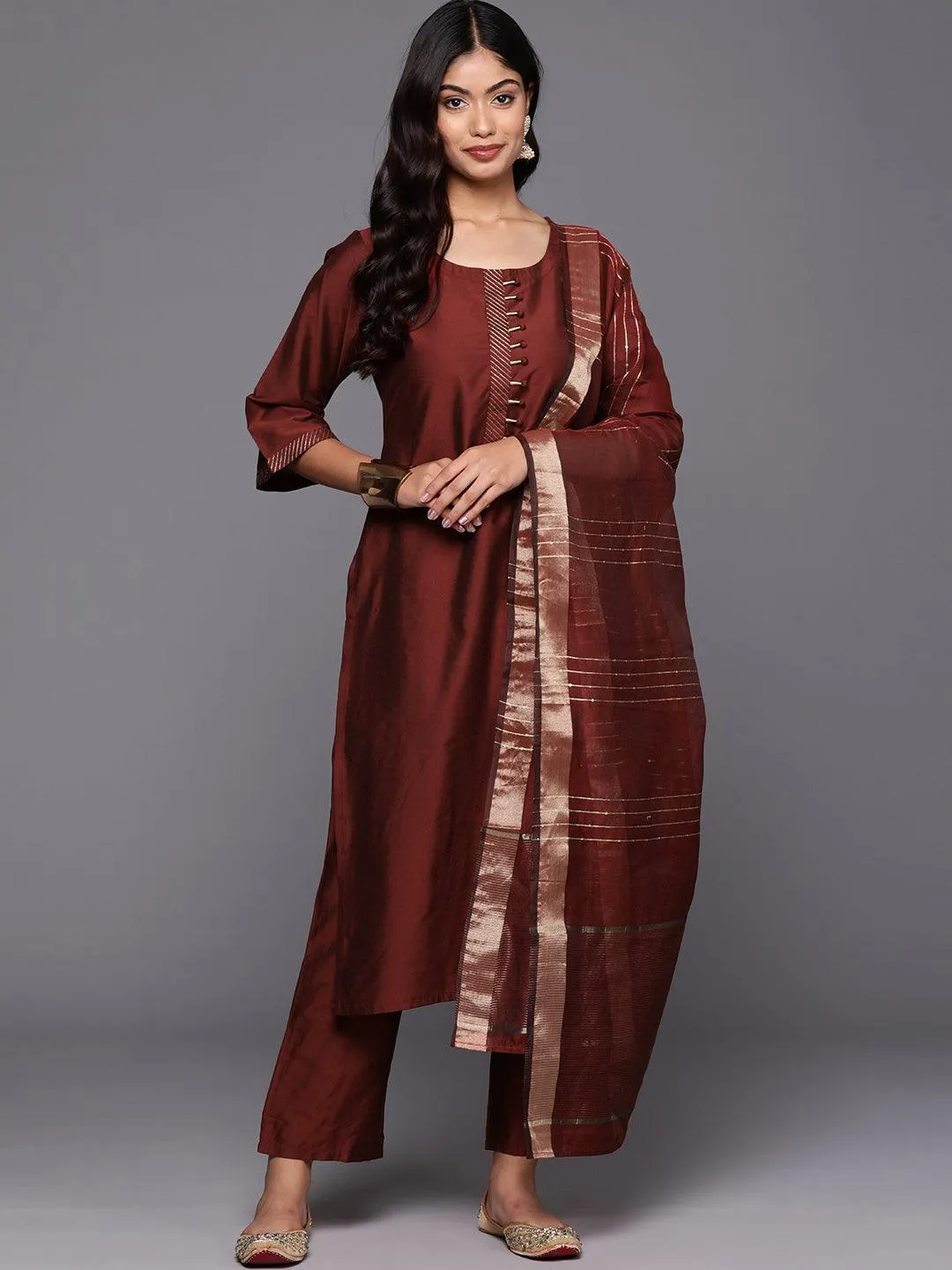 Maroon Solid Silk Blend Straight Suit With Dupatta