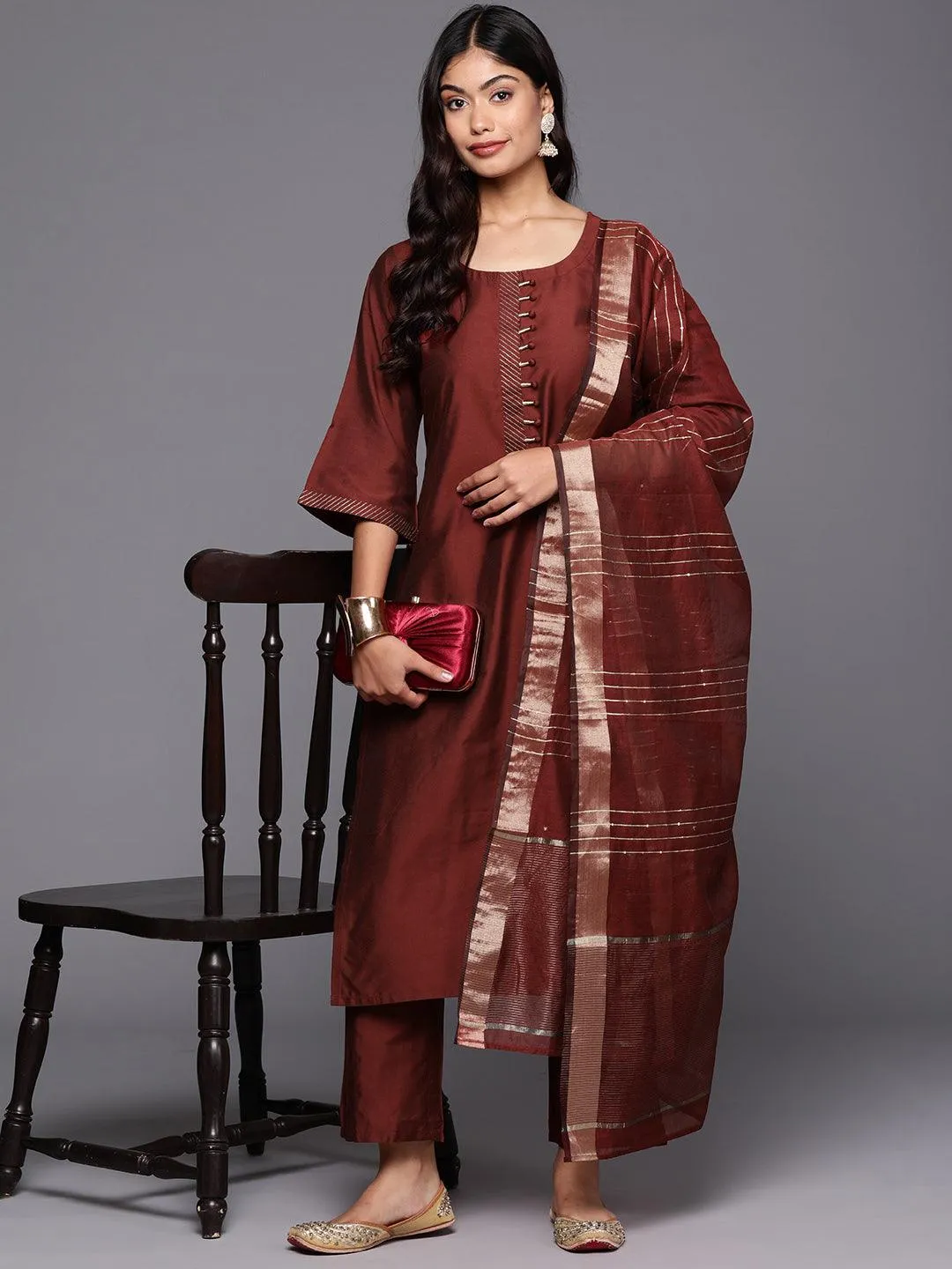 Maroon Solid Silk Blend Straight Suit With Dupatta