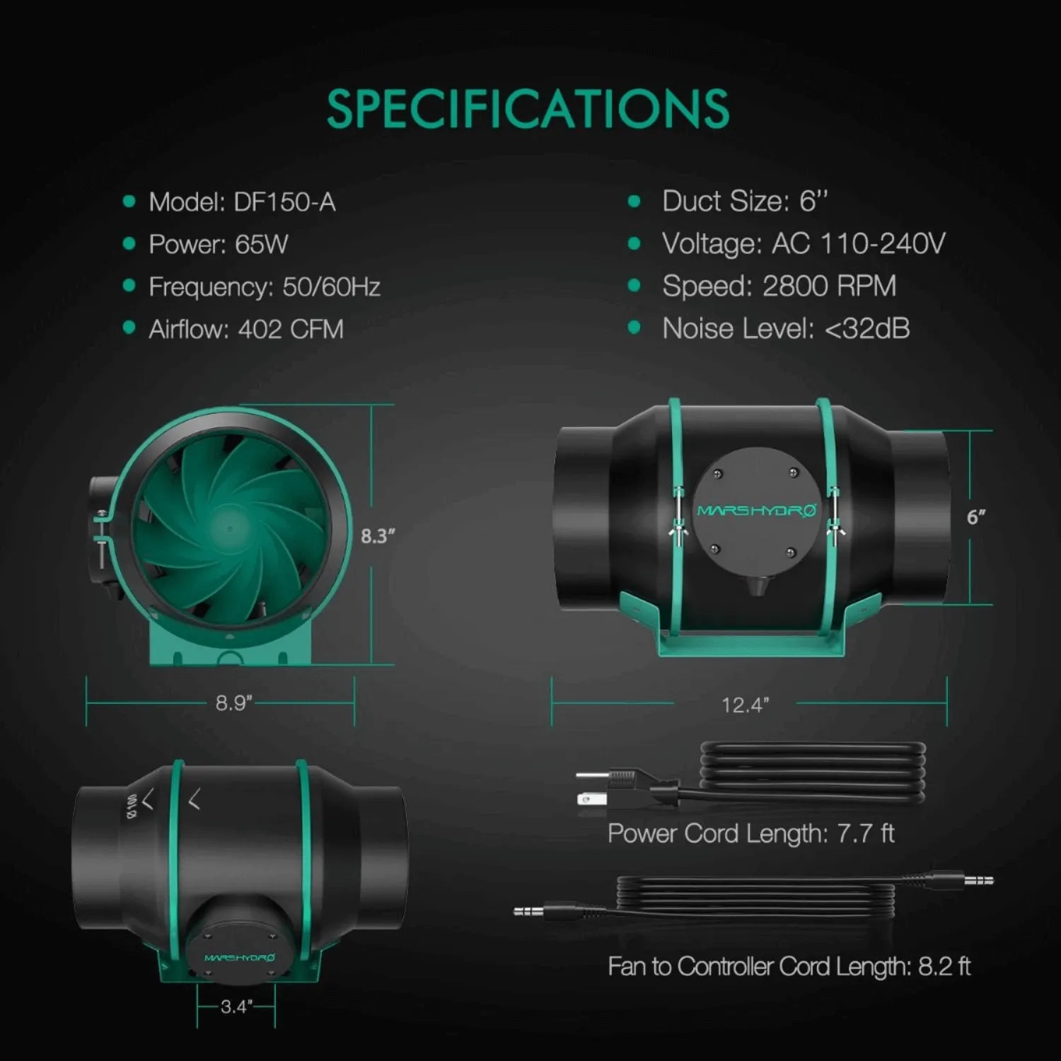 Mars Hydro 6" Inline Duct Fan with Speed Controller