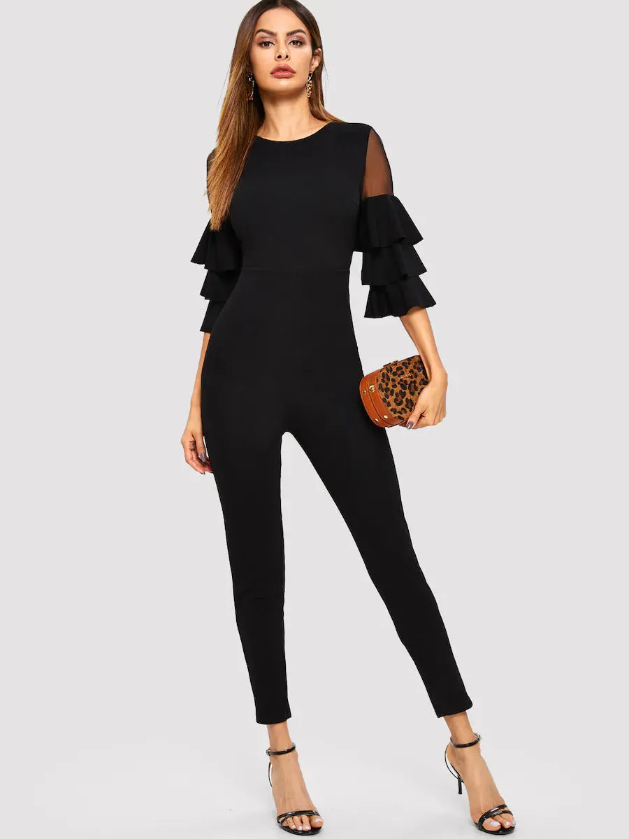 Mesh Insert Tiered Sleeve Jumpsuit