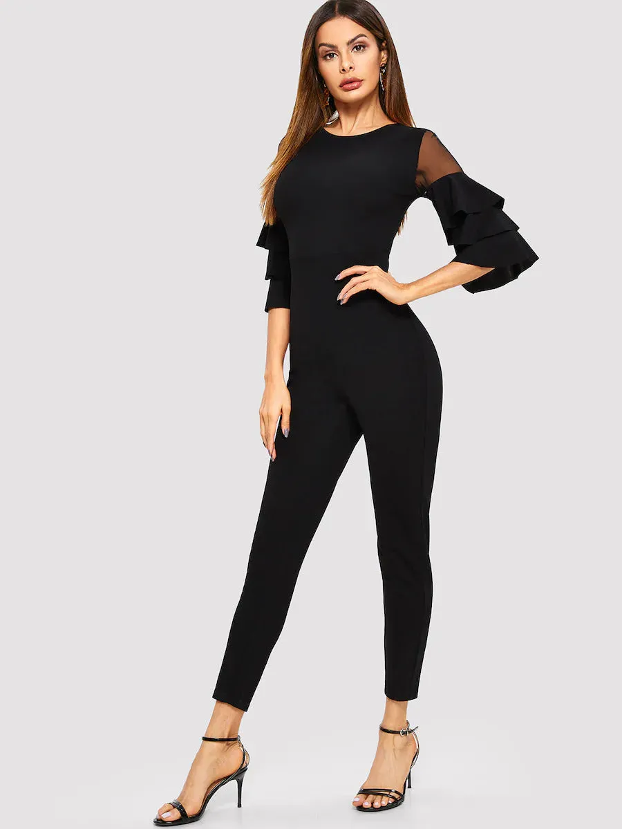 Mesh Insert Tiered Sleeve Jumpsuit