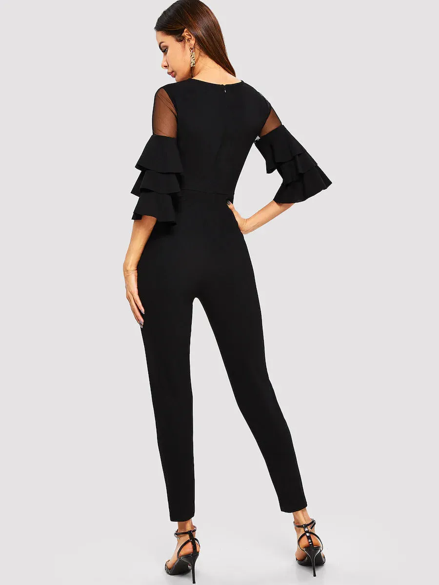 Mesh Insert Tiered Sleeve Jumpsuit