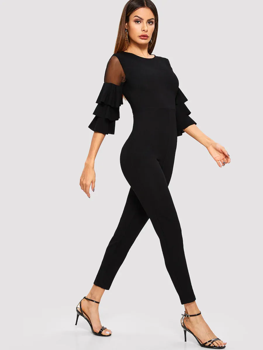 Mesh Insert Tiered Sleeve Jumpsuit