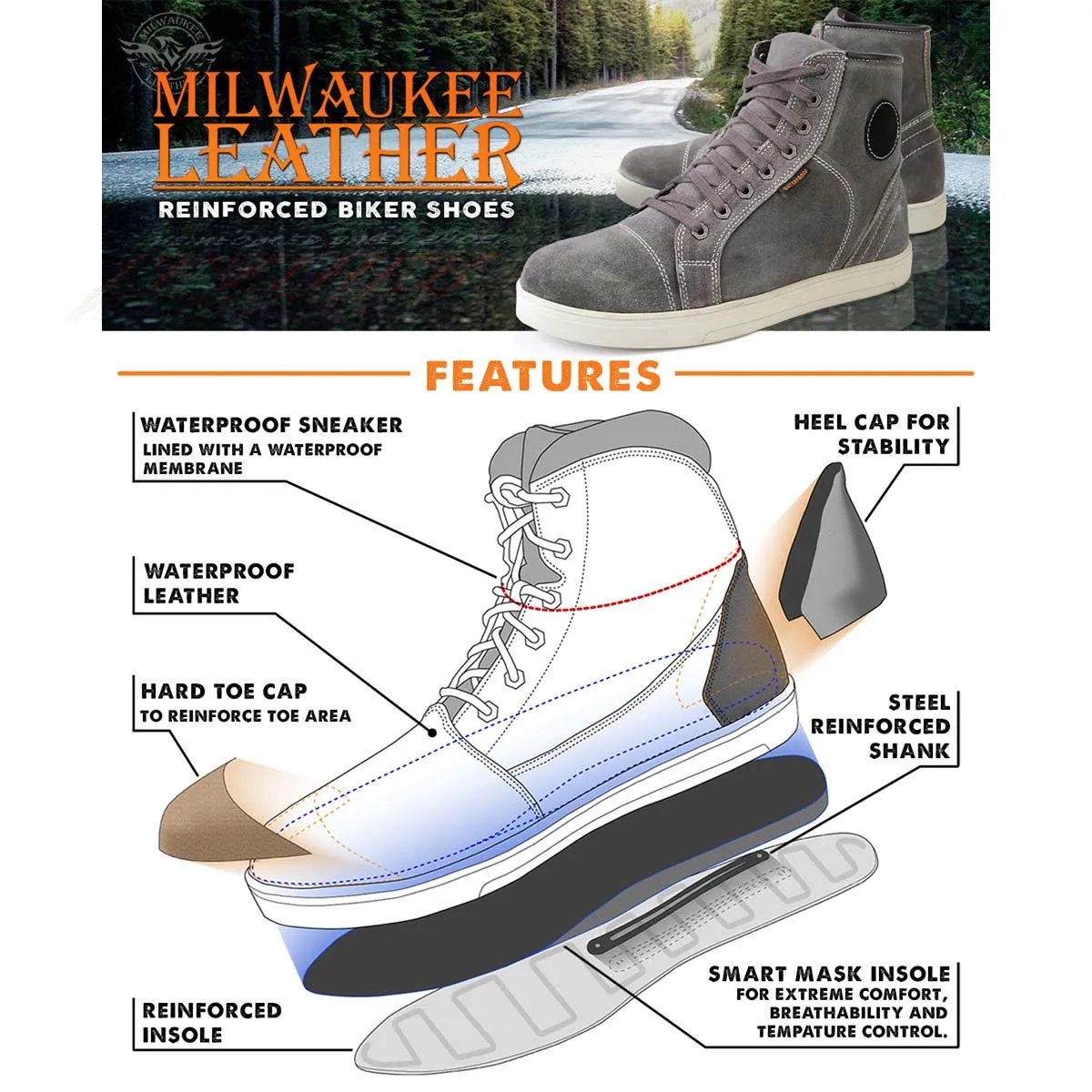 Milwaukee Leather MBM9109 Men's Grey Suede Leather Reinforced Street Riding Waterproof Shoes w/ Ankle Support