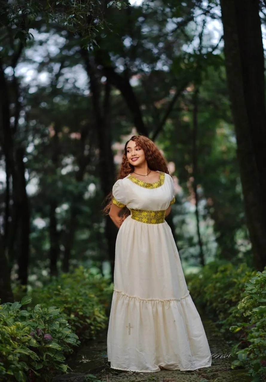 Minimalist Short Sleeved Habesha Dress: with Adorable Yellow Embellishments Traditional Ethiopian Dress