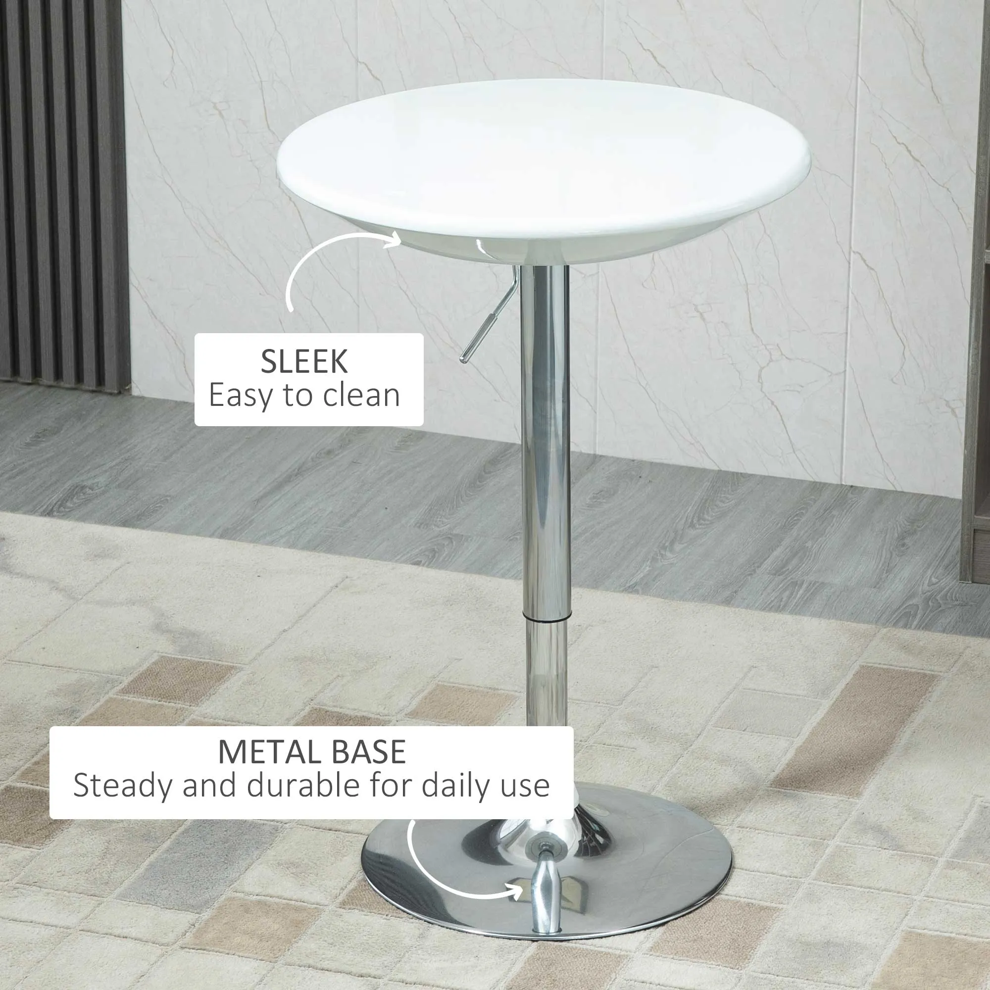 Modern Round Bar Table Adjustable Height Home Pub Bistro Desk Swivel Painted Top with Silver Steel Leg and Base, White