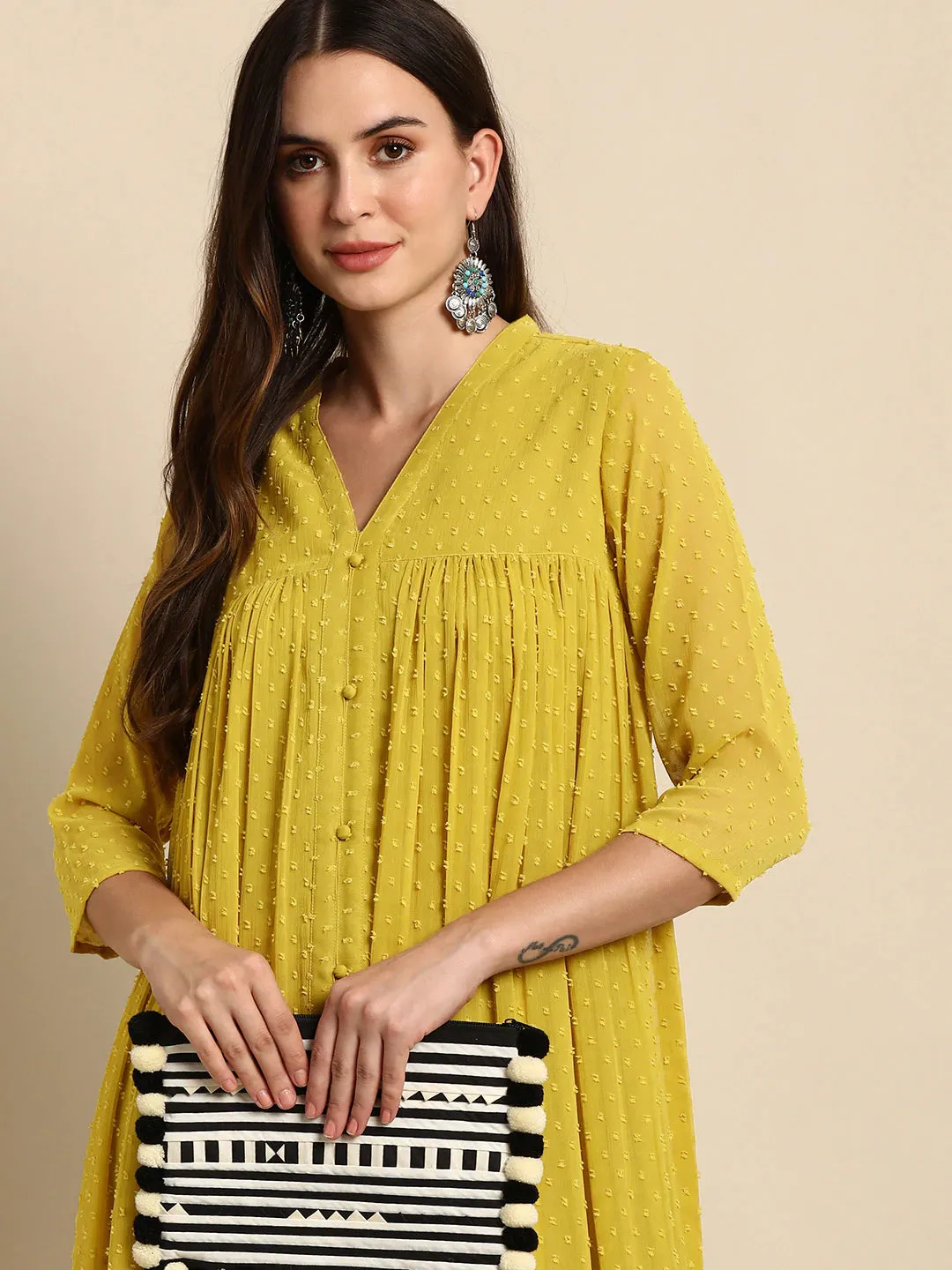 Mustard Solid Poly Chiffon Dress