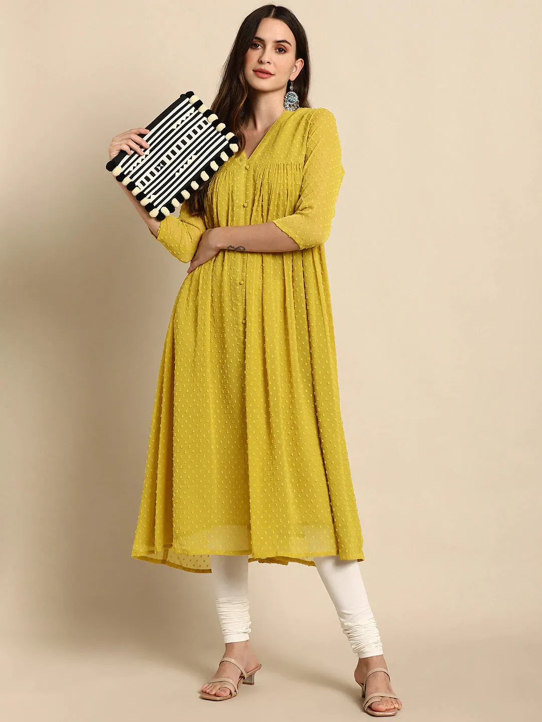 Mustard Solid Poly Chiffon Dress