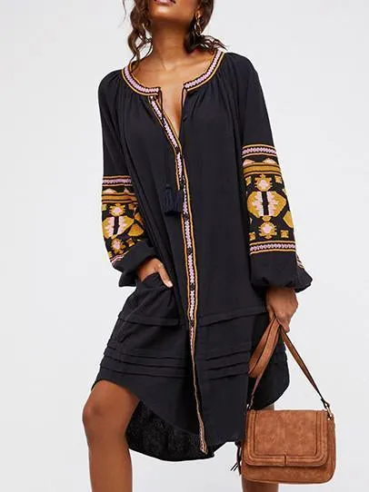 National Style Inwrought Floral-Print Deep V Neck Loose Bohemia Dress