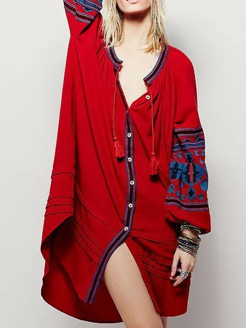 National Style Inwrought Floral-Print Deep V Neck Loose Bohemia Dress