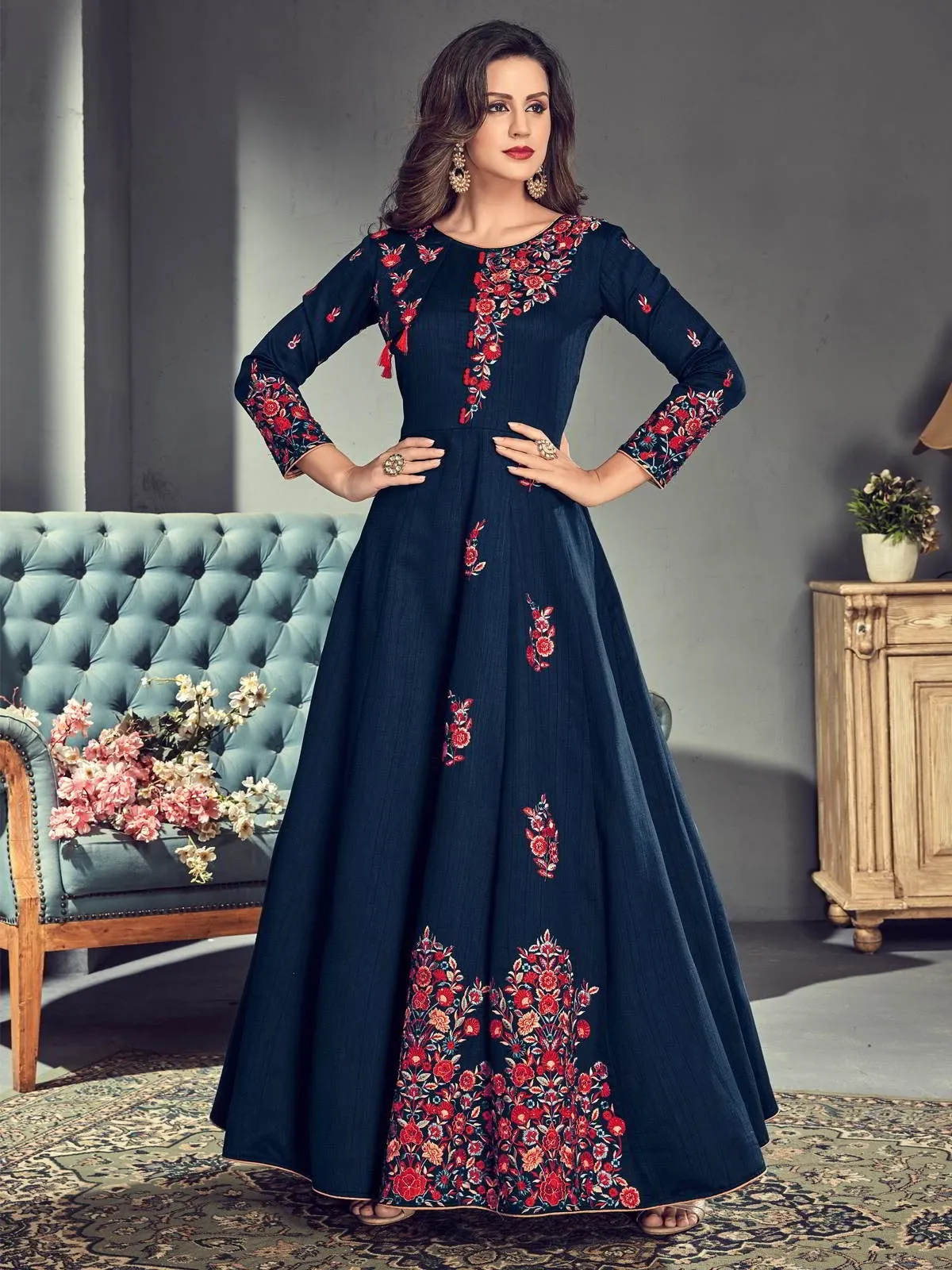 Navy Blue And Pink Embroidered Silk Anarkali Suit