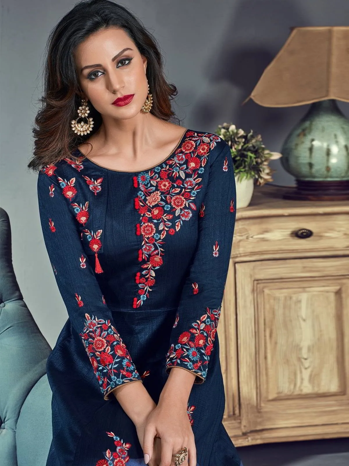 Navy Blue And Pink Embroidered Silk Anarkali Suit