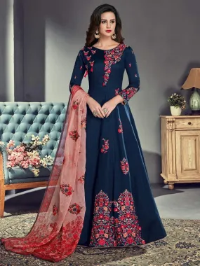 Navy Blue And Pink Embroidered Silk Anarkali Suit