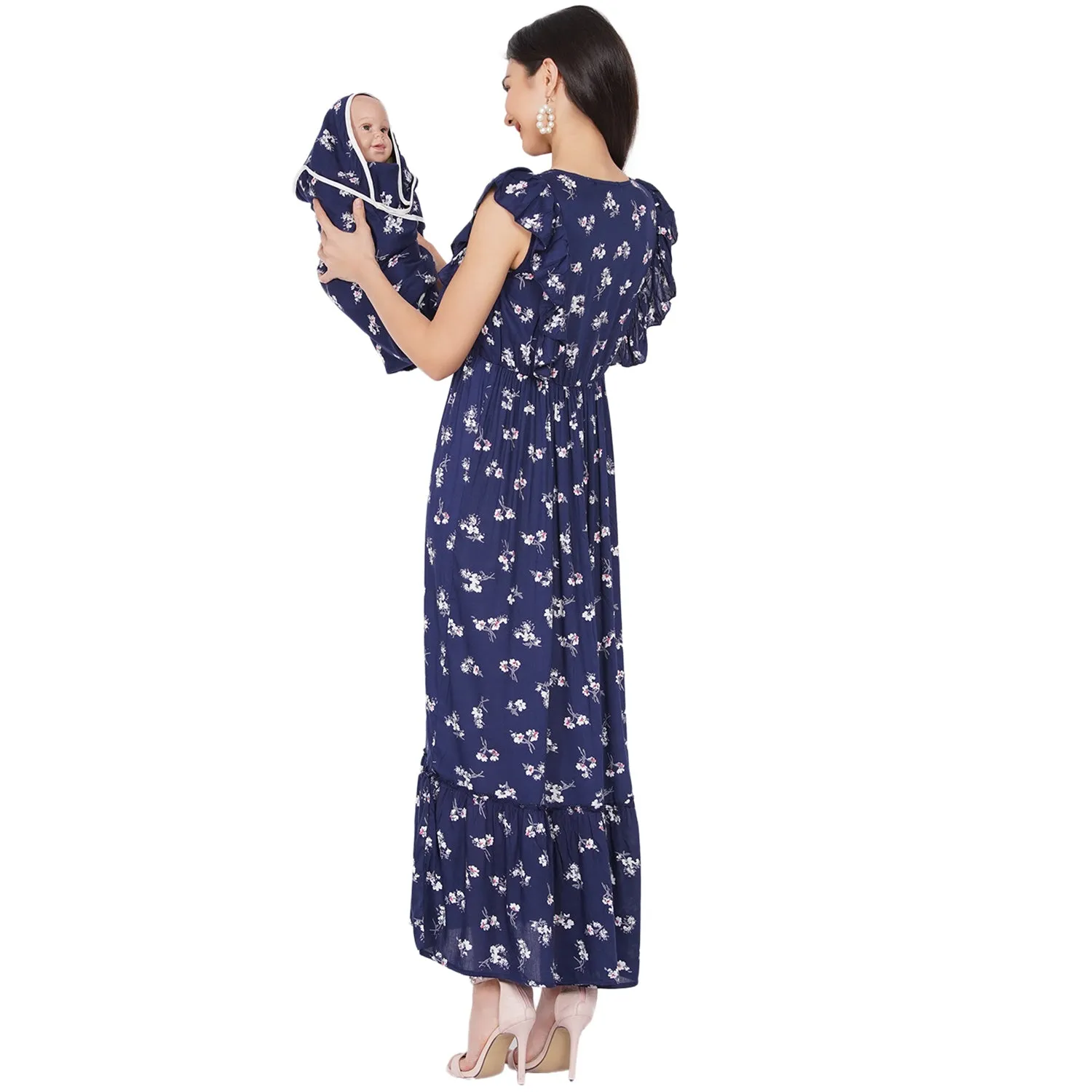 Navy Blue floral  Maxi Maternity dress for Mom  & Matching Baby Wrapper set