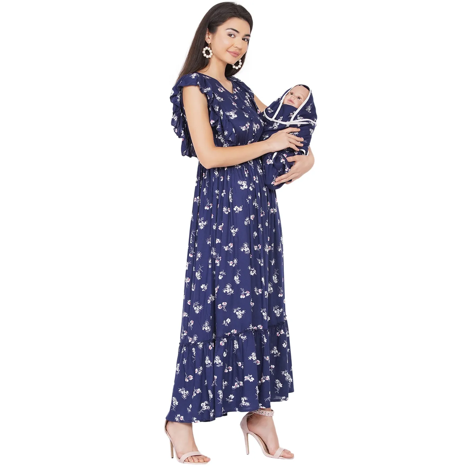 Navy Blue floral  Maxi Maternity dress for Mom  & Matching Baby Wrapper set