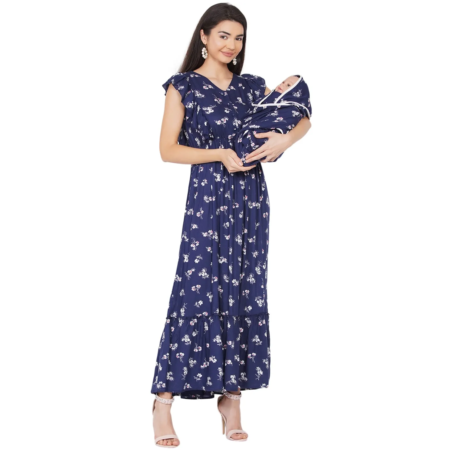 Navy Blue floral  Maxi Maternity dress for Mom  & Matching Baby Wrapper set