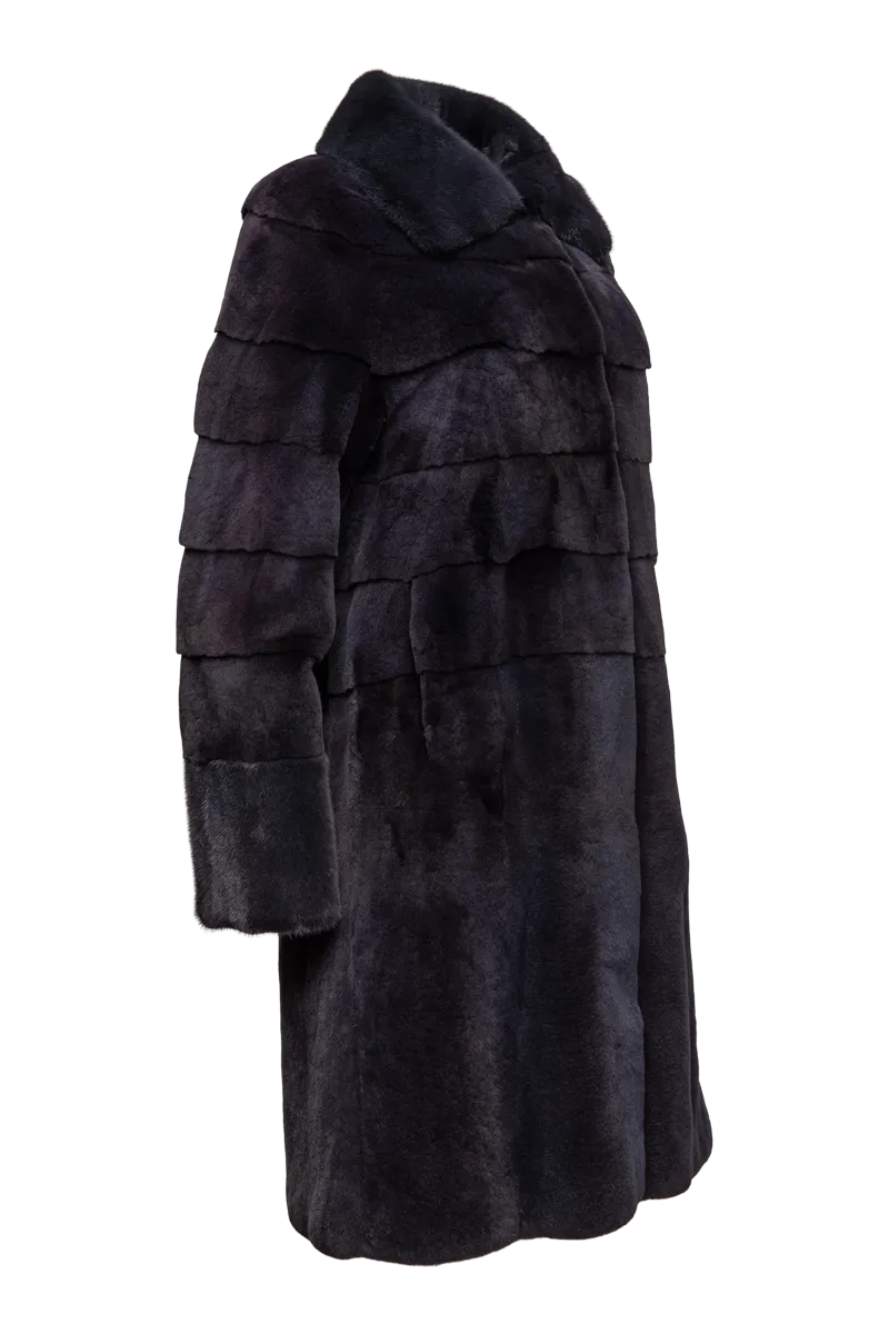 Navy Blue Horizontal & Vertical Plucked Mink Fur Coat