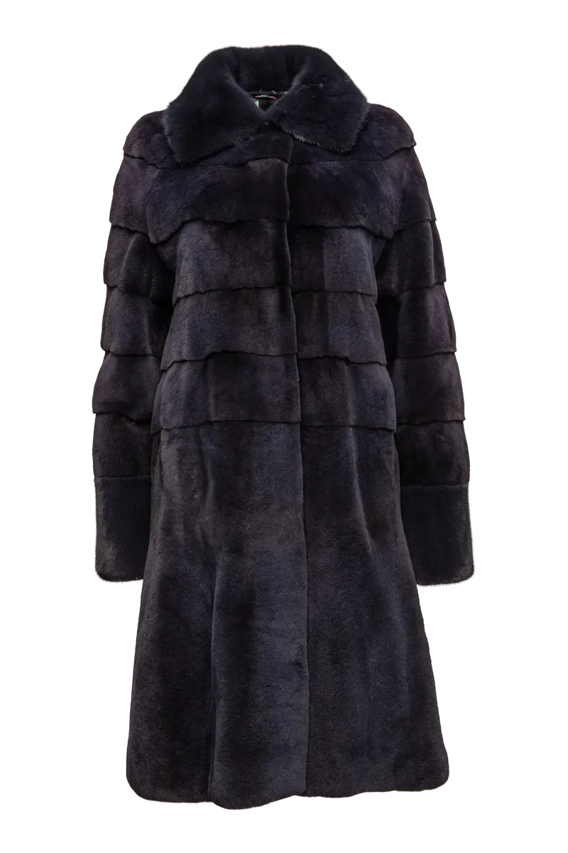 Navy Blue Horizontal & Vertical Plucked Mink Fur Coat