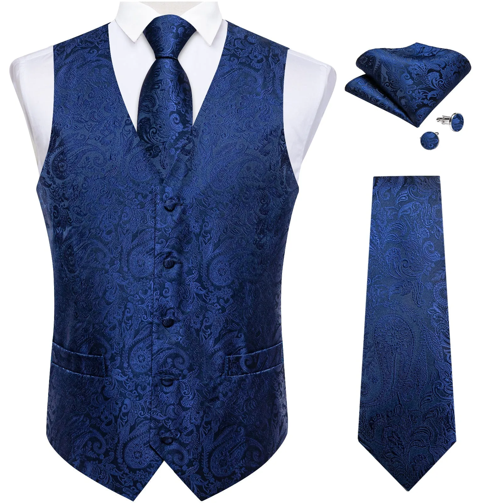 Navy Blue Paisley Silk Men's Vest Hanky Cufflinks Tie Set