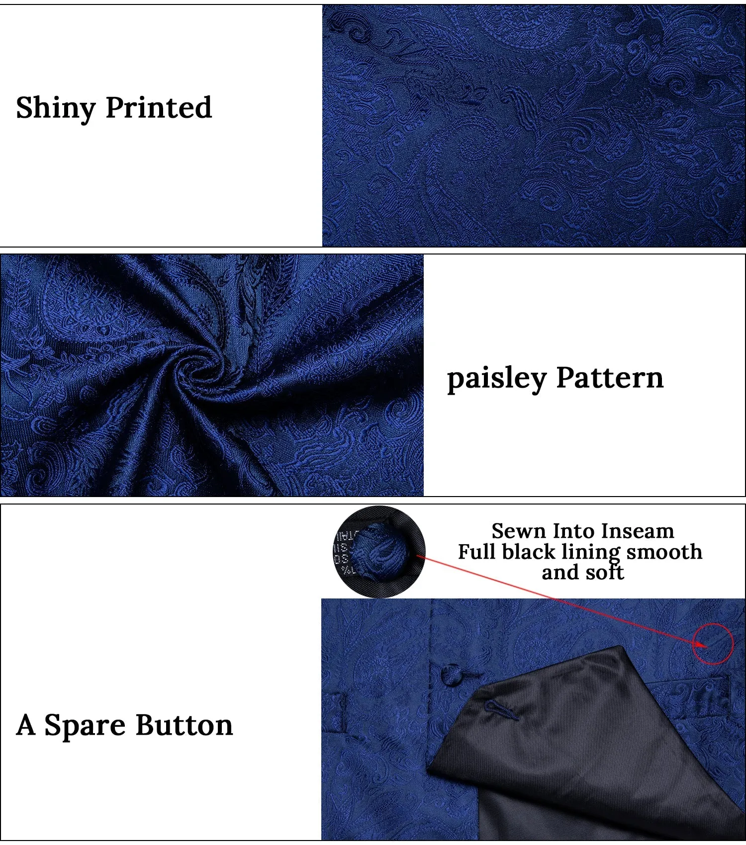 Navy Blue Paisley Silk Men's Vest Hanky Cufflinks Tie Set